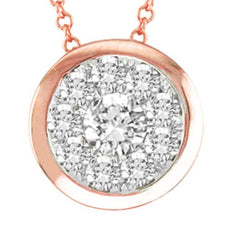 .15CT DIAMOND 14KT ROSE GOLD CLASSIC INVISIBLE ROUND BEZEL FLOATING LOVE PENDANT