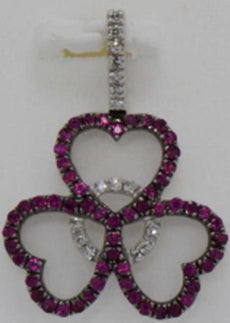 .34CT DIAMOND & AAA RUBY 14KT WHITE GOLD 3D MULTI HEART FLOWER FLOATING PENDANT