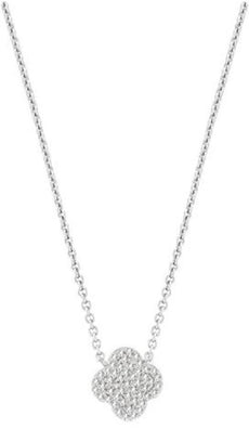 ESTATE .16CT DIAMOND 18KT WHITE GOLD 3D FOUR LEAF CLOVER CLASSIC FLOWER NECKLACE