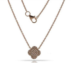ESTATE .16CT DIAMOND 14KT ROSE GOLD 3D FOUR LEAF CLOVER FLOWER CLASSIC NECKLACE