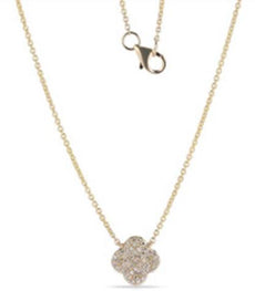ESTATE .16CT DIAMOND 14K YELLOW GOLD 3D FOUR LEAF CLOVER CLASSIC FLOWER NECKLACE