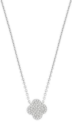 ESTATE .16CT DIAMOND 14KT WHITE GOLD 3D FOUR LEAF CLOVER CLASSIC FLOWER NECKLACE