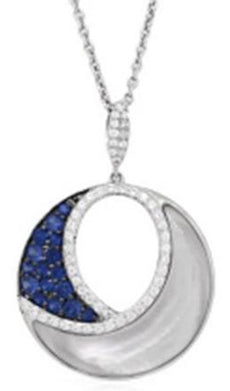 .57CT DIAMOND & AAA SAPPHIRE MOTHER OF PEARL 14K WHITE GOLD CIRCULAR FUN PENDANT