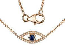 ESTATE .16CT DIAMOND & AAA SAPPHIRE 14KT ROSE GOLD 3D EVIL EYE LUCKY NECKLACE