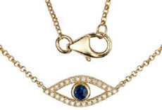 ESTATE .16CT DIAMOND & AAA SAPPHIRE 14KT YELLOW GOLD 3D EVIL EYE LUCKY NECKLACE