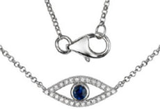 ESTATE .16CT DIAMOND & AAA SAPPHIRE 14KT WHITE GOLD 3D EVIL EYE LUCKY NECKLACE