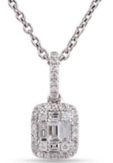 .23CT DIAMOND 18KT WHITE GOLD 3D ROUND & BAGUETTE CLUSTER HALO INVISIBLE PENDANT