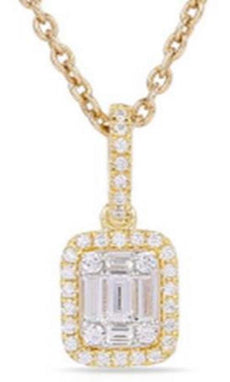 .23CT DIAMOND 18KT YELLOW GOLD ROUND & BAGUETTE CLUSTER HALO INVISIBLE PENDANT