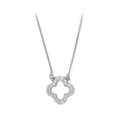 ESTATE .14CT DIAMOND 14KT WHITE GOLD 3D FOUR LEAF CLOVER FLOWER LOVE NECKLACE