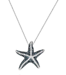 2.15CT WHITE & BLUE DIAMOND 14KT WHITE GOLD 3D STARFISH FUN FLOATING PENDANT