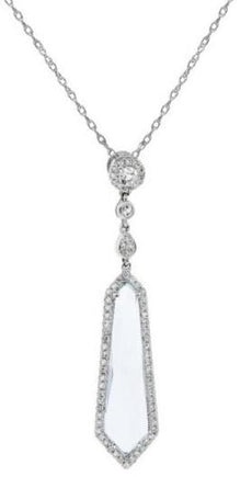 3.26CT DIAMOND & AAA WHITE & BLUE TOPAZ 14K WHITE GOLD HEXAGON ELONGATED PENDANT