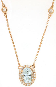 1.37CT DIAMOND & AAA AQUAMARINE 14KT ROSE GOLD OVAL & ROUND FLOWER LOVE NECKLACE