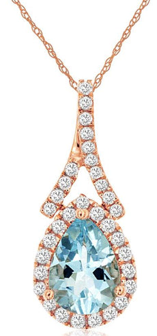 0.80CT DIAMOND & AAA AQUAMARINE 14K ROSE GOLD PEAR SHAPE & ROUND FLOATING PENDANT