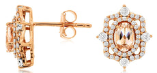 1.19CT DIAMOND & AAA MORGANITE 14KT ROSE GOLD OVAL & ROUND FLOWER STUD EARRINGS