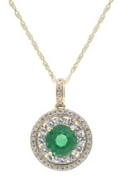 1.37CT DIAMOND & AAA EMERALD 14KT YELLOW GOLD ROUND HALO FLOWER CLASSIC PENDANT
