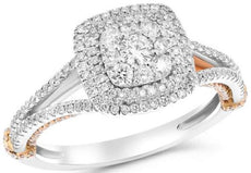 .85CT DIAMOND 18KT WHITE & ROSE GOLD ROUND CLUSTER SQUARE DOUBLE HALO FUN RING