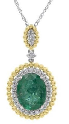 3.66CT DIAMOND & AAA EMERALD 14KT 2 TONE GOLD 3D OVAL HALO ROPE FLOATING PENDANT
