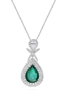 6.09CT DIAMOND & AAA EMERALD 18K WHITE GOLD ROUND & PEAR SHAPE TEAR DROP PENDANT
