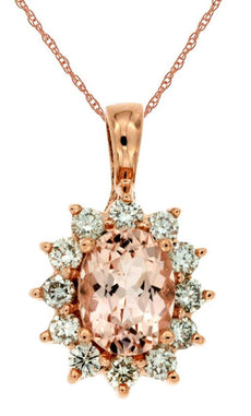 1.63CT DIAMOND & AAA MORGANITE 14KT ROSE GOLD 3D OVAL & ROUND FLOWER PENDANT