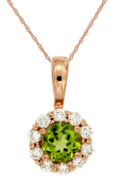 1.05CT DIAMOND & AAA PERIDOT 14K ROSE GOLD 3D ROUND HALO FLOWER FLOATING PENDANT