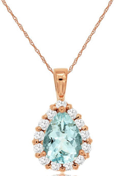 1.25CT DIAMOND & AAA AQUAMARINE 14KT ROSE GOLD PEAR SHAPE HALO TEAR DROP PENDANT