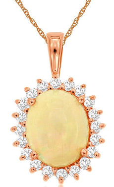 2.06CT DIAMOND & AAA OPAL 14K ROSE GOLD CLASSIC OVAL & ROUND HALO FLOWER PENDANT