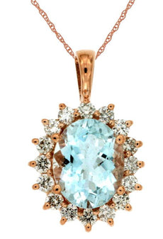 2.65CT DIAMOND & AAA AQUAMARINE 14KT ROSE GOLD 3D OVAL & ROUND FLOWER PENDANT