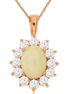 2.10CT DIAMOND&AAA OPAL 14KT ROSE GOLD OVAL & ROUND HALO FLOWER FLOATING PENDANT