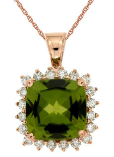 4.65CT DIAMOND & AAA PERIDOT 14KT ROSE GOLD CUSHION & ROUND CLASSIC HALO PENDANT