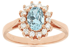 .95CT DIAMOND & AAA AQUAMARINE 14KT ROSE GOLD 3D OVAL & ROUND FLOWER LOVE RING
