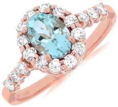 1.12CT DIAMOND & AAA AQUAMARINE 14KT ROSE GOLD OVAL & ROUND HALO ENGAGEMENT RING