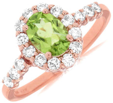 1.32CT DIAMOND & AAA PERIDOT 14KT ROSE GOLD 3D OVAL & ROUND HALO ENGAGEMENT RING