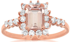 1.45CT DIAMOND & AAA MORGANITE 14K ROSE GOLD EMERALD CUT & ROUND ENGAGEMENT RING