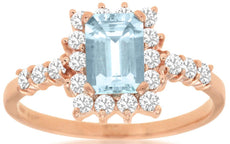 1.4CT DIAMOND & AAA AQUAMARINE 14K ROSE GOLD EMERALD CUT & ROUND ENGAGEMENT RING