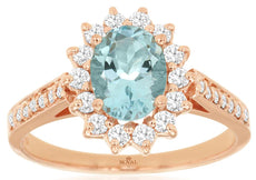 1.55CT DIAMOND & AAA AQUAMARINE 14KT ROSE GOLD 3D OVAL & ROUND FLOWER LOVE RING