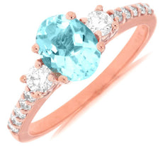 1.55CT DIAMOND & AAA AQUAMARINE 14KT ROSE GOLD 3D OVAL & ROUND ENGAGEMENT RING