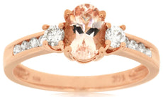 1.05CT DIAMOND AAA MORGANITE 14KT ROSE GOLD OVAL & ROUND 3 STONE ENGAGEMENT RING