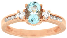 1.05CT DIAMOND & AAA AQUAMARINE 14KT ROSE GOLD 3D OVAL & ROUND ENGAGEMENT RING