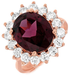 6.75CT DIAMOND & AAA RHODOLITE 14KT ROSE GOLD 3D OVAL & ROUND FLOWER LOVE RING