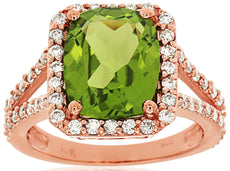 5.25CT DIAMOND & AAA PERIDOT 14KT ROSE GOLD CUSHION & ROUND HALO ENGAGEMENT RING