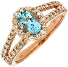 1.30CT DIAMOND & AAA AQUAMARINE 14KT ROSE GOLD OVAL & ROUND HALO ENGAGEMENT RING