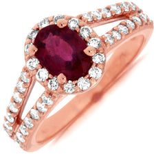 1.55CT DIAMOND & AAA RUBY 14KT ROSE GOLD 3D OVAL & ROUND HALO ENGAGEMENT RING