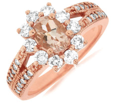 1.49CT DIAMOND & AAA MORGANITE 14KT ROSE GOLD 3D OVAL & ROUND FLOWER LOVE RING