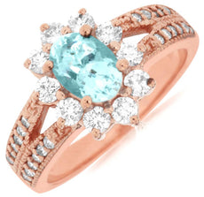 1.49CT DIAMOND & AAA AQUAMARINE 14KT ROSE GOLD 3D OVAL & ROUND FLOWER LOVE RING