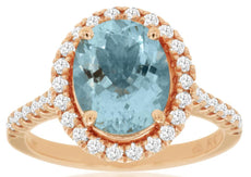 2.60CT DIAMOND & AAA AQUAMARINE 14KT ROSE GOLD OVAL & ROUND HALO ENGAGEMENT RING