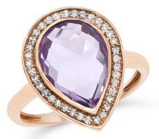 4.28CT DIAMOND & AAA AMETHYST 14KT ROSE GOLD PEAR SHAPE & ROUND BEZEL FUN RING