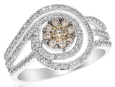 .74CT WHITE & CHOCOLATE FANCY DIAMOND 14KT WHITE GOLD 3D FLOWER FRIENDSHIP RING