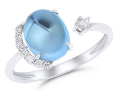 3.38CT DIAMOND & AAA CABOCHON BLUE TOPAZ 14KT WHITE GOLD OVAL & ROUND FUN RING