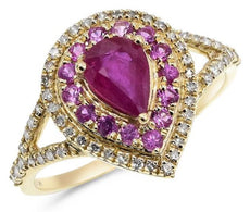 1.36CT DIAMOND & AAA RUBY & PINK SAPPHIRE 14KT YELLOW GOLD PEAR SHAPE FUN RING