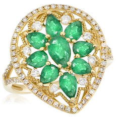 2.04CT DIAMOND & AAA EMERALD 14KT YELLOW GOLD ROUND & PEAR FILIGREE FLOWER RING